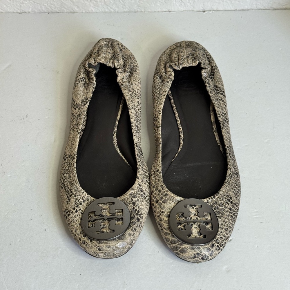 Tory Burch Women's Ballet Flats Size 8M Leather Snake Skin Metal Logo